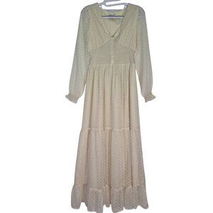 Patrons of Peace Swiss Dot Maxi Dress Women XS Cream Smocked Waist Boho.